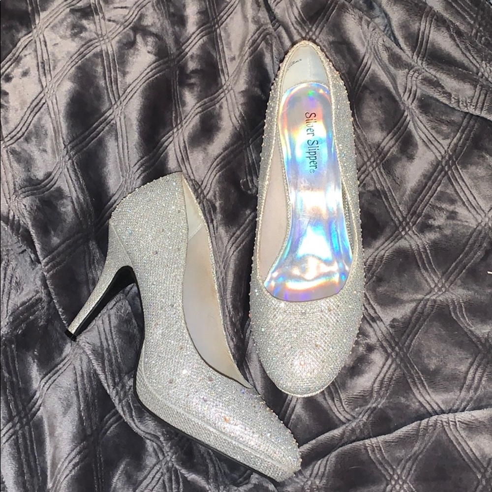 Silver slipper rhinestone heels